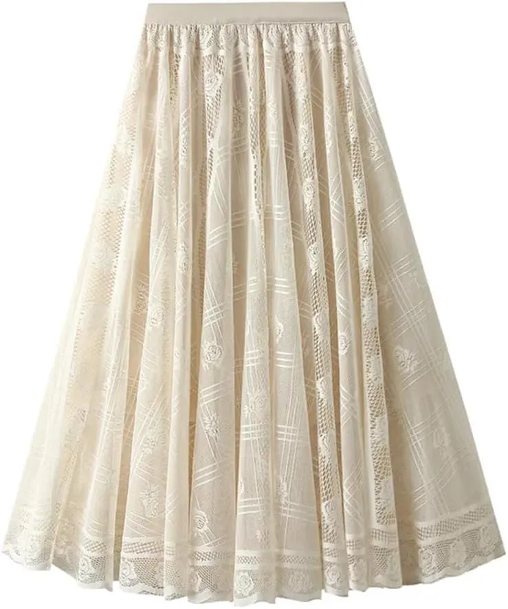 Women's Lace A-Line Pleated Mesh Midi Skirt Spring Medium Length Long Skirt