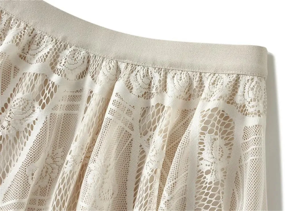 Women's Lace A-Line Pleated Mesh Midi Skirt Spring Medium Length Long Skirt