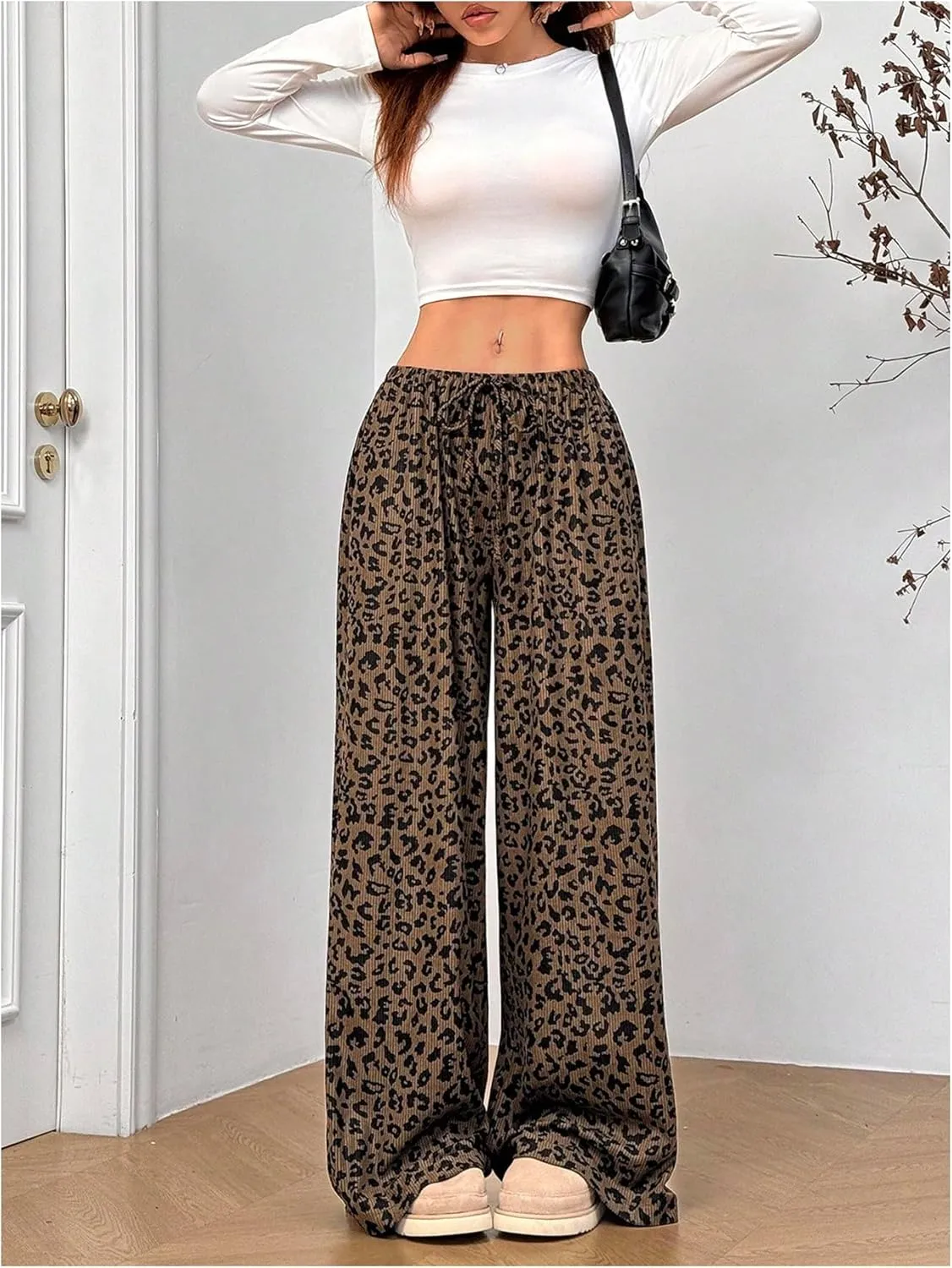Women's Leopard Wide Leg Baggy Pants Drawstring Waist Y2K Sweatpants Casual Long Trousers