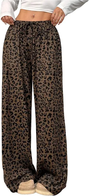 Women's Leopard Wide Leg Baggy Pants Drawstring Waist Y2K Sweatpants Casual Long Trousers