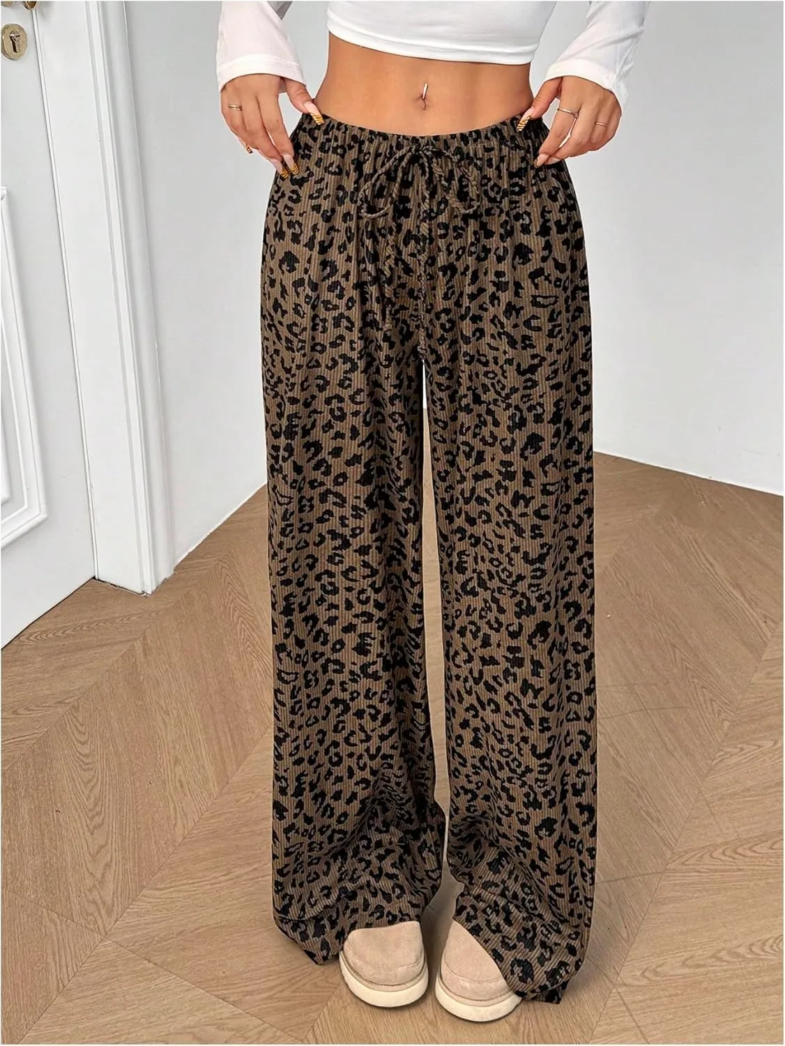 Women's Leopard Wide Leg Baggy Pants Drawstring Waist Y2K Sweatpants Casual Long Trousers