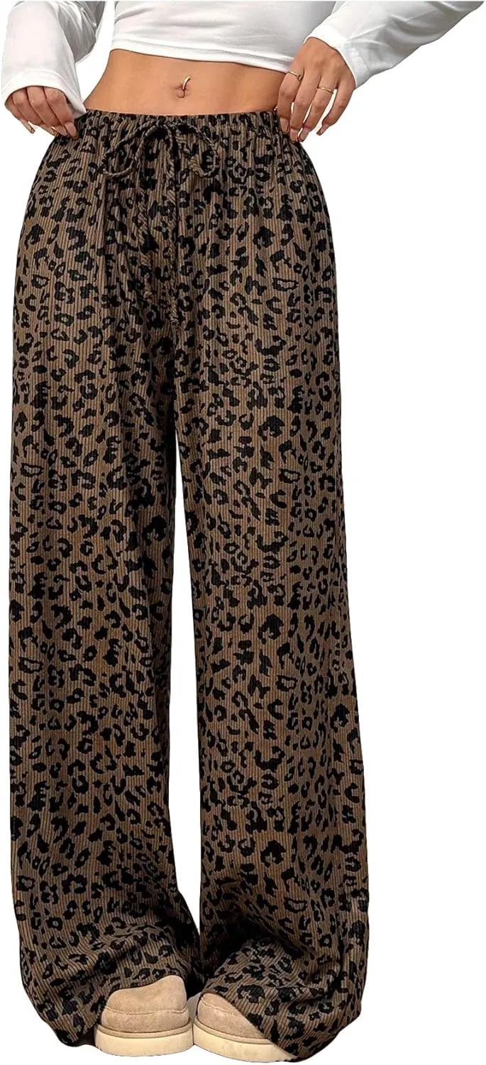 Women's Leopard Wide Leg Baggy Pants Drawstring Waist Y2K Sweatpants Casual Long Trousers