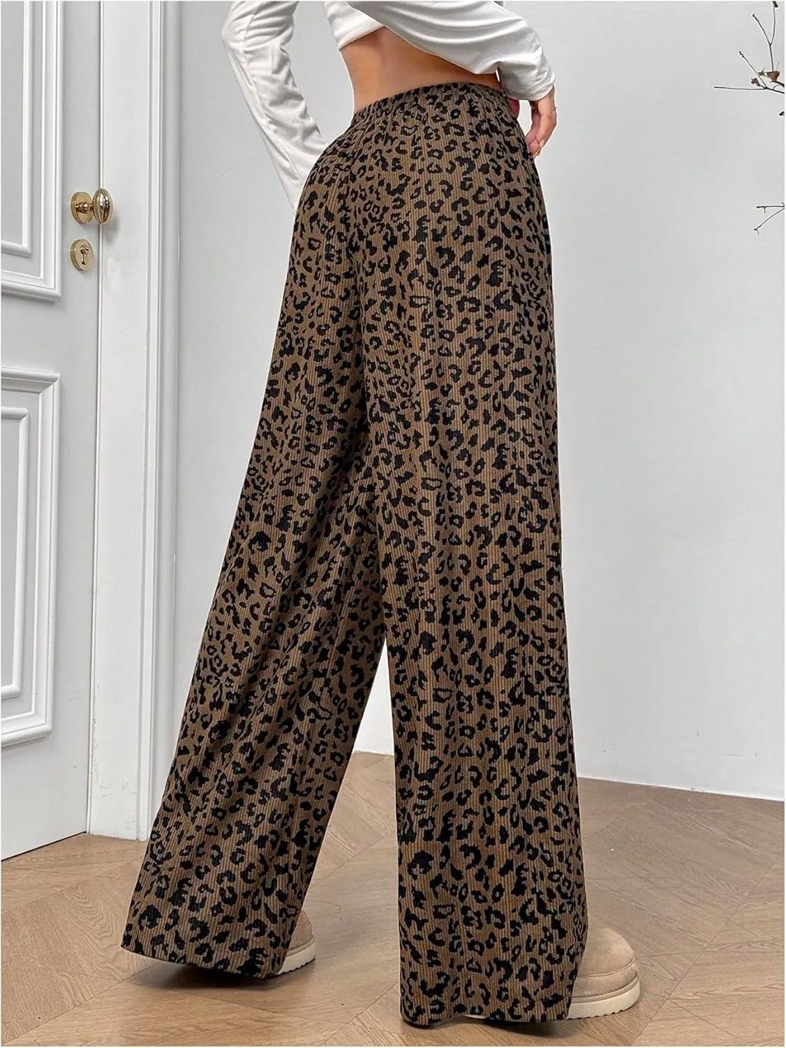Women's Leopard Wide Leg Baggy Pants Drawstring Waist Y2K Sweatpants Casual Long Trousers