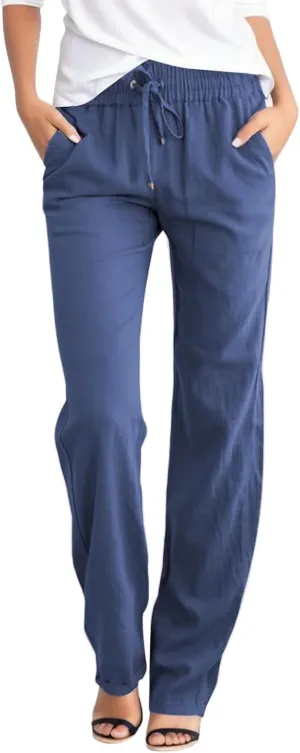 Women's Linen Palazzo Pants Summer Casual Dressy Linen Straight Trousers for Women Comfy Soild Long Pants with Pockets