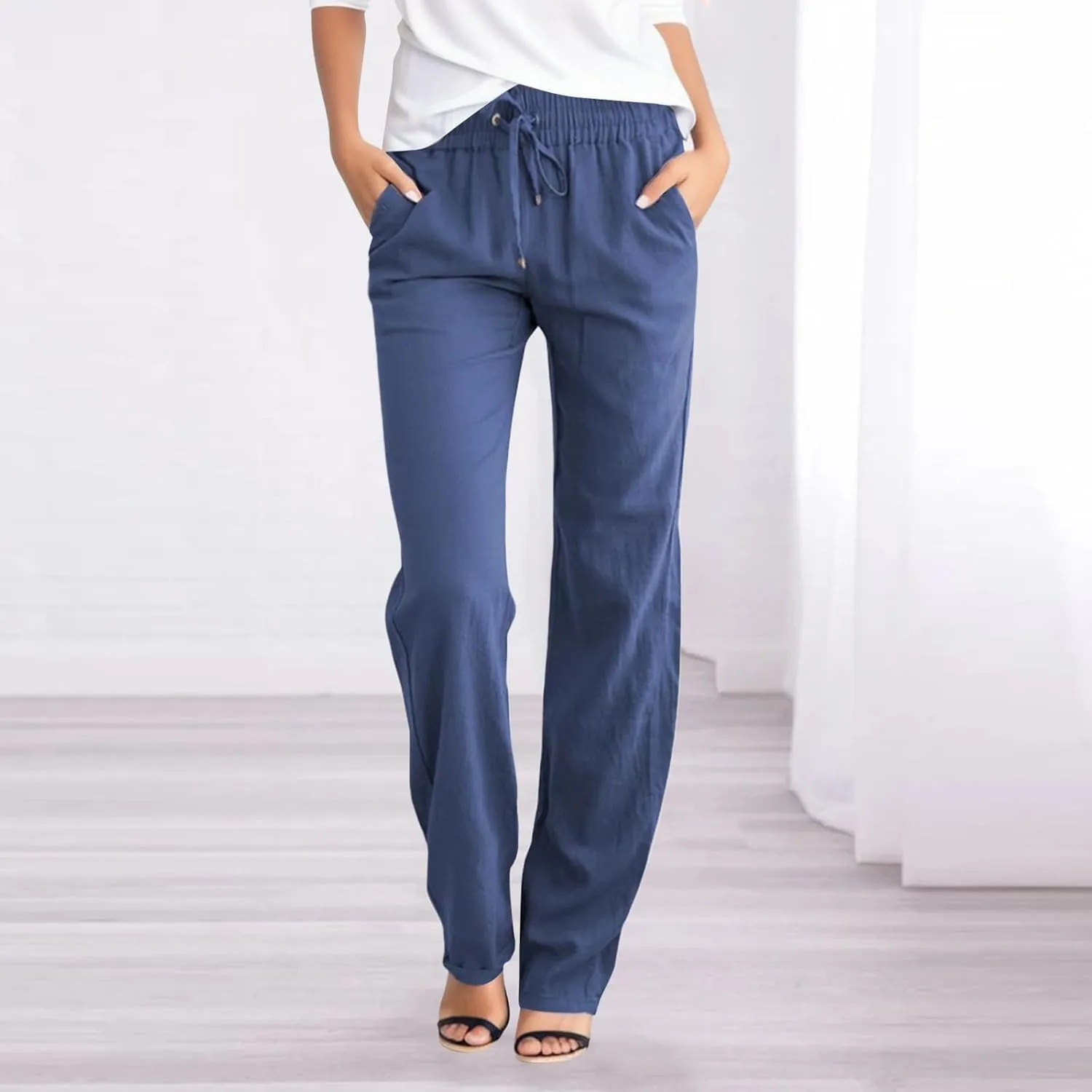 Women's Linen Palazzo Pants Summer Casual Dressy Linen Straight Trousers for Women Comfy Soild Long Pants with Pockets