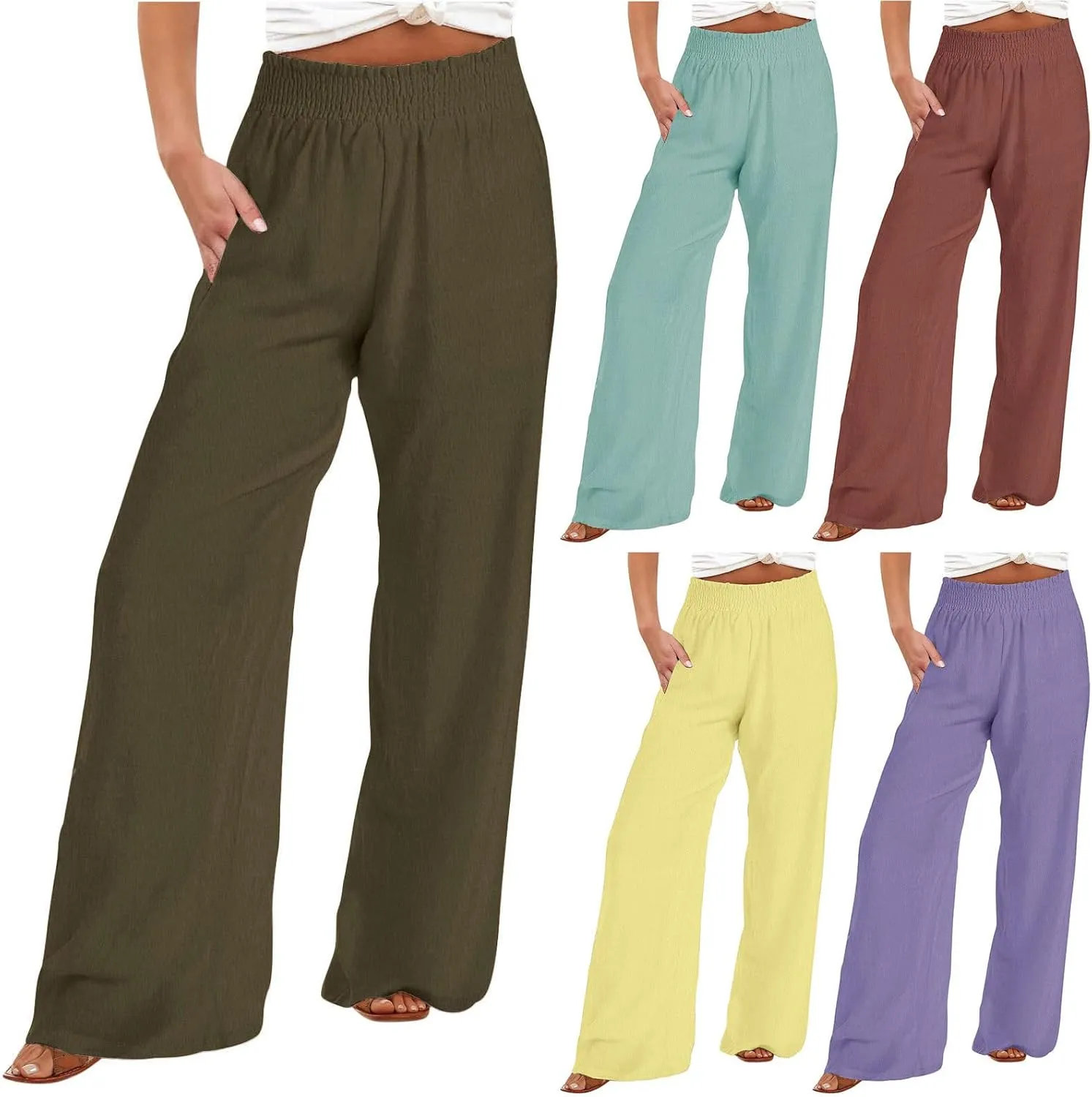 Women's Linen Palazzo Pants with Pockets Flowy Wide Leg Beach Lounge Trousers Summer Casual Vacation Dress Pant
