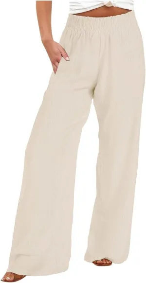 Women's Linen Palazzo Pants with Pockets Flowy Wide Leg Beach Lounge Trousers Summer Casual Vacation Dress Pant