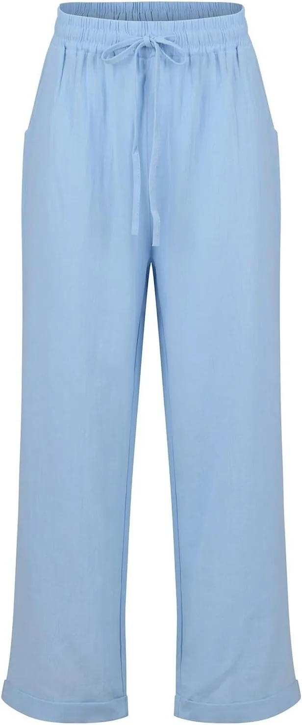Womens Linen Pants Casual Straight Leg Lounge Pants Elastic High Waisted Drawstring Lightweight Trousers with Pockets