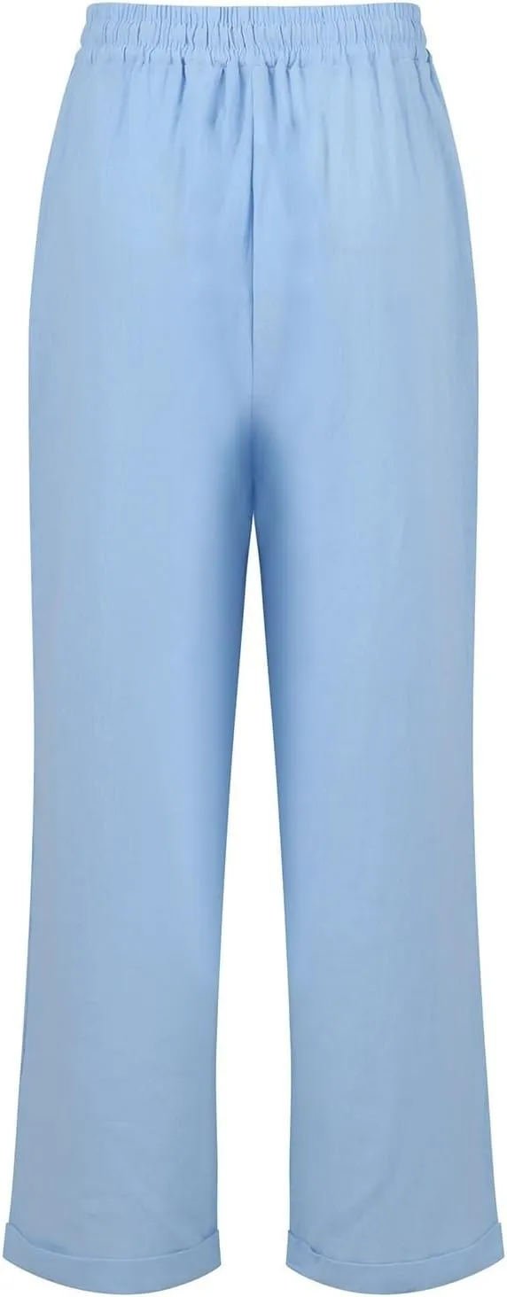Womens Linen Pants Casual Straight Leg Lounge Pants Elastic High Waisted Drawstring Lightweight Trousers with Pockets