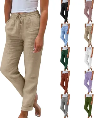 Womens Linen Pants Casual Straight Leg Lounge Pants Elastic High Waisted Drawstring Lightweight Trousers with Pockets