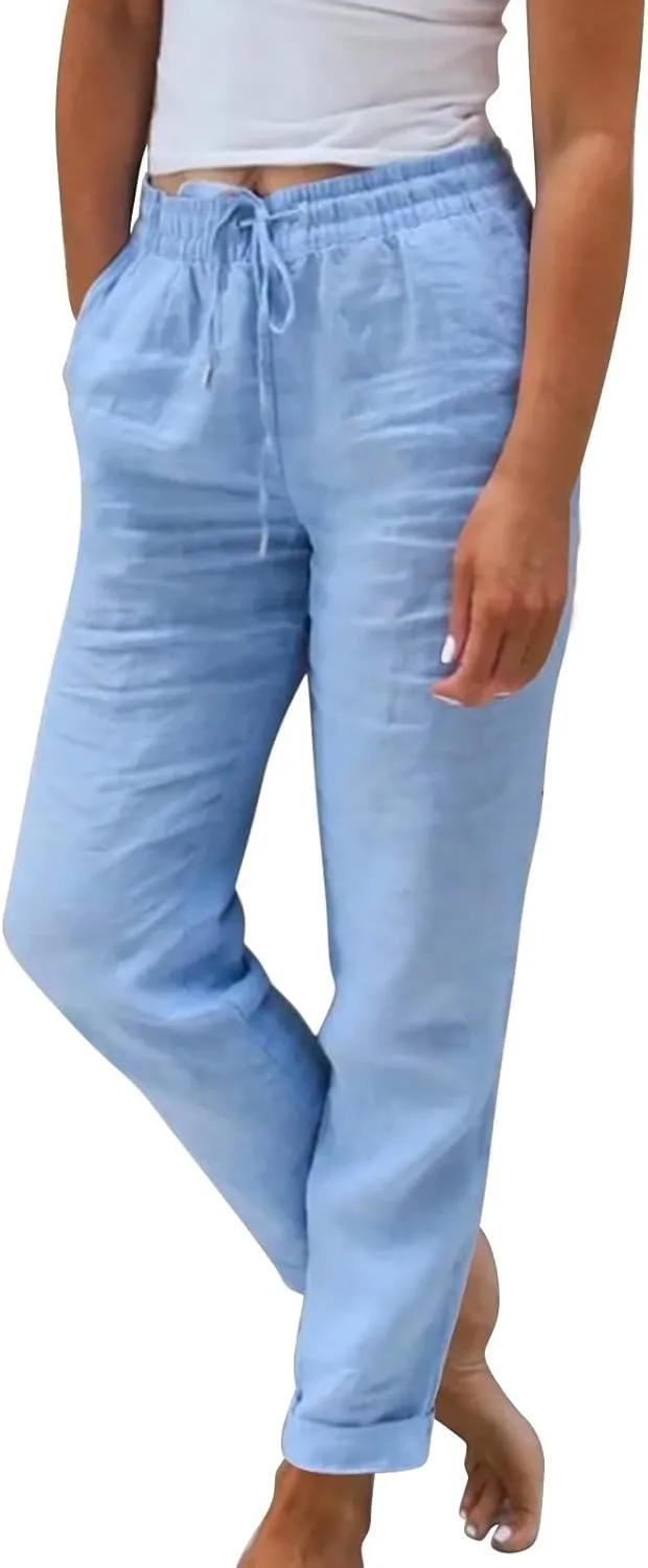 Womens Linen Pants Casual Straight Leg Lounge Pants Elastic High Waisted Drawstring Lightweight Trousers with Pockets
