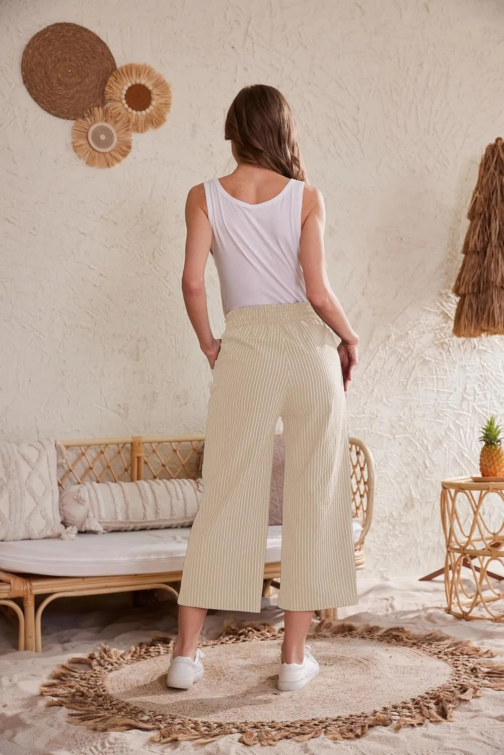 Womens Linen Pants Wide Leg High Waisted Drawstring Casual Loose Beach Pants with Pockets