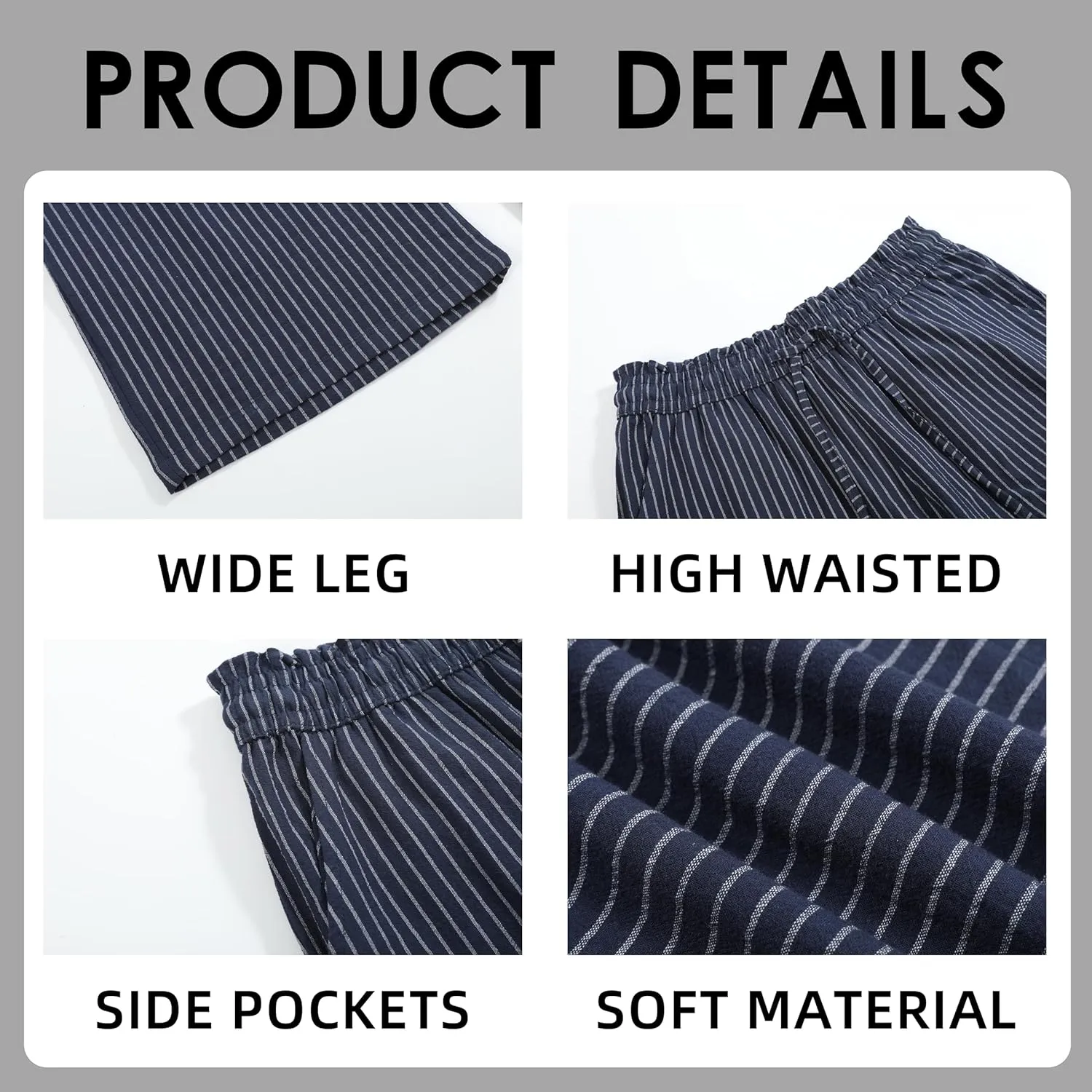 Womens Linen Pants Wide Leg High Waisted Drawstring Casual Loose Beach Pants with Pockets
