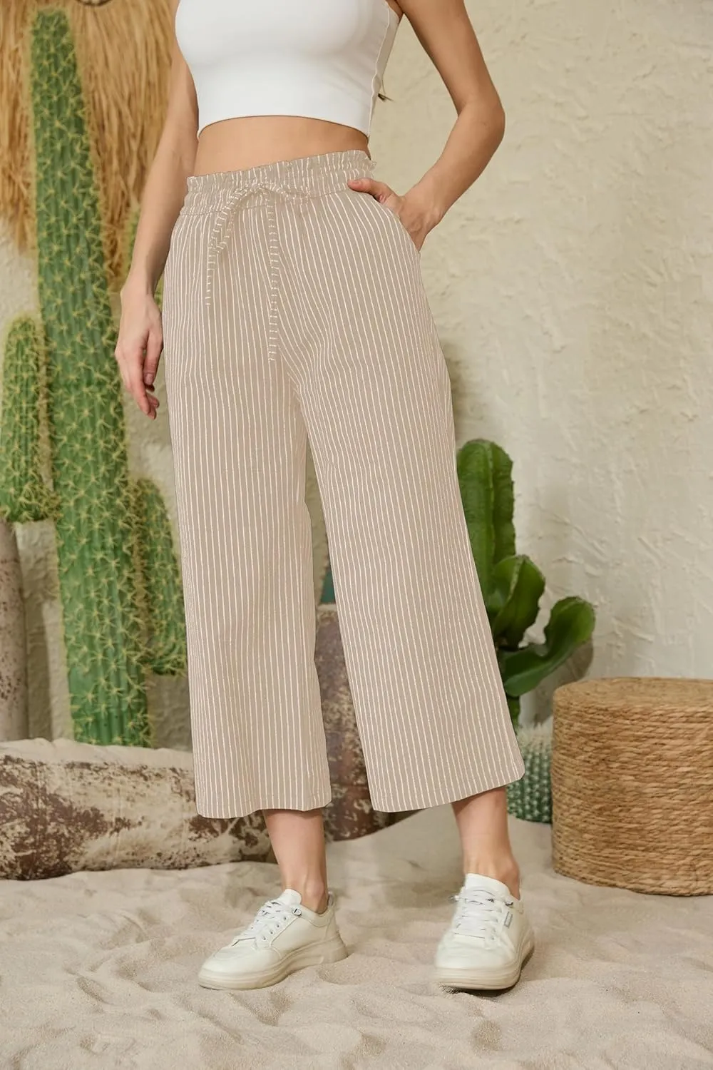 Womens Linen Pants Wide Leg High Waisted Drawstring Casual Loose Beach Pants with Pockets