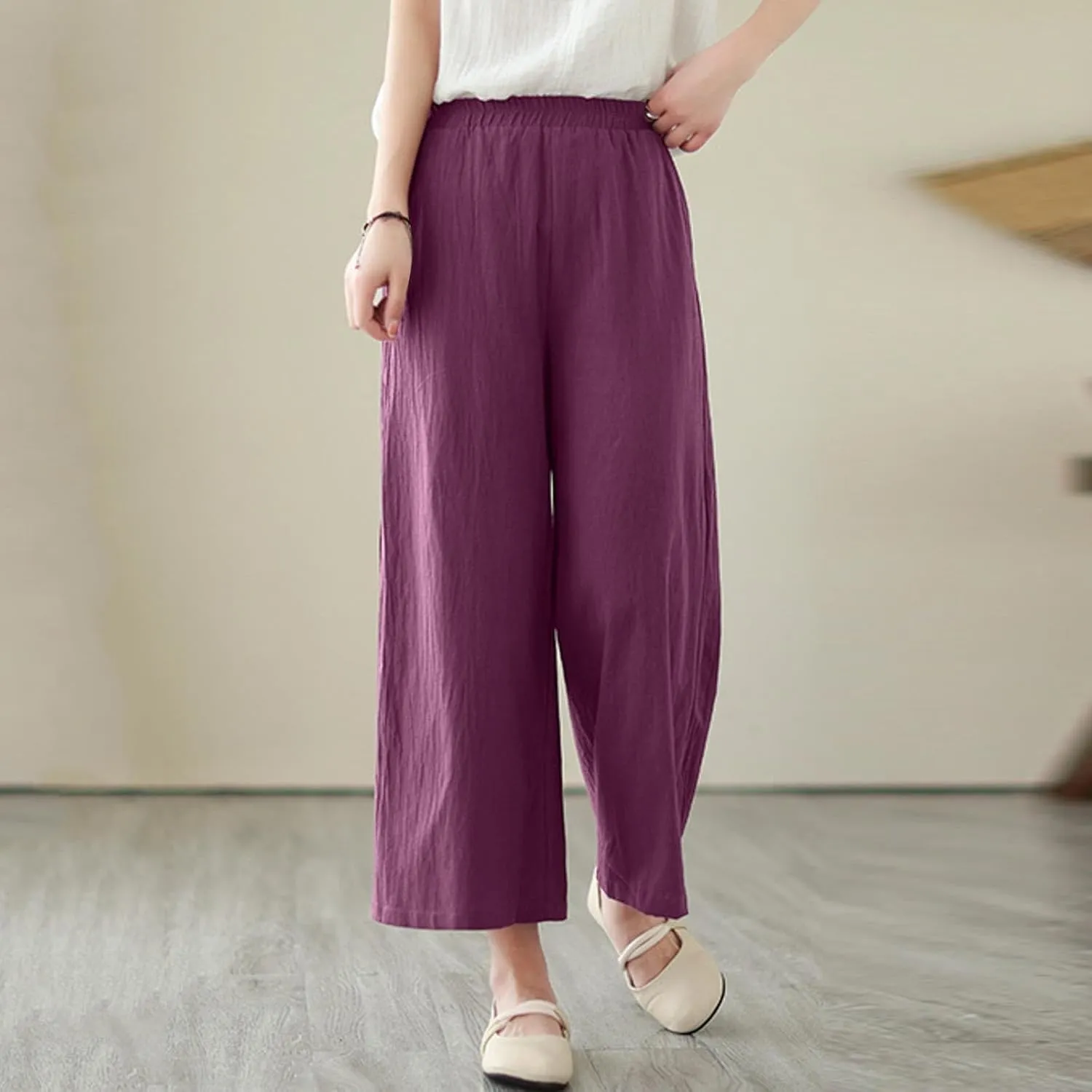 Women's Linen Summer Casual Loose Pant Trousers Elastic Waisted Straight Loose Fit Pant Trousers Work Business