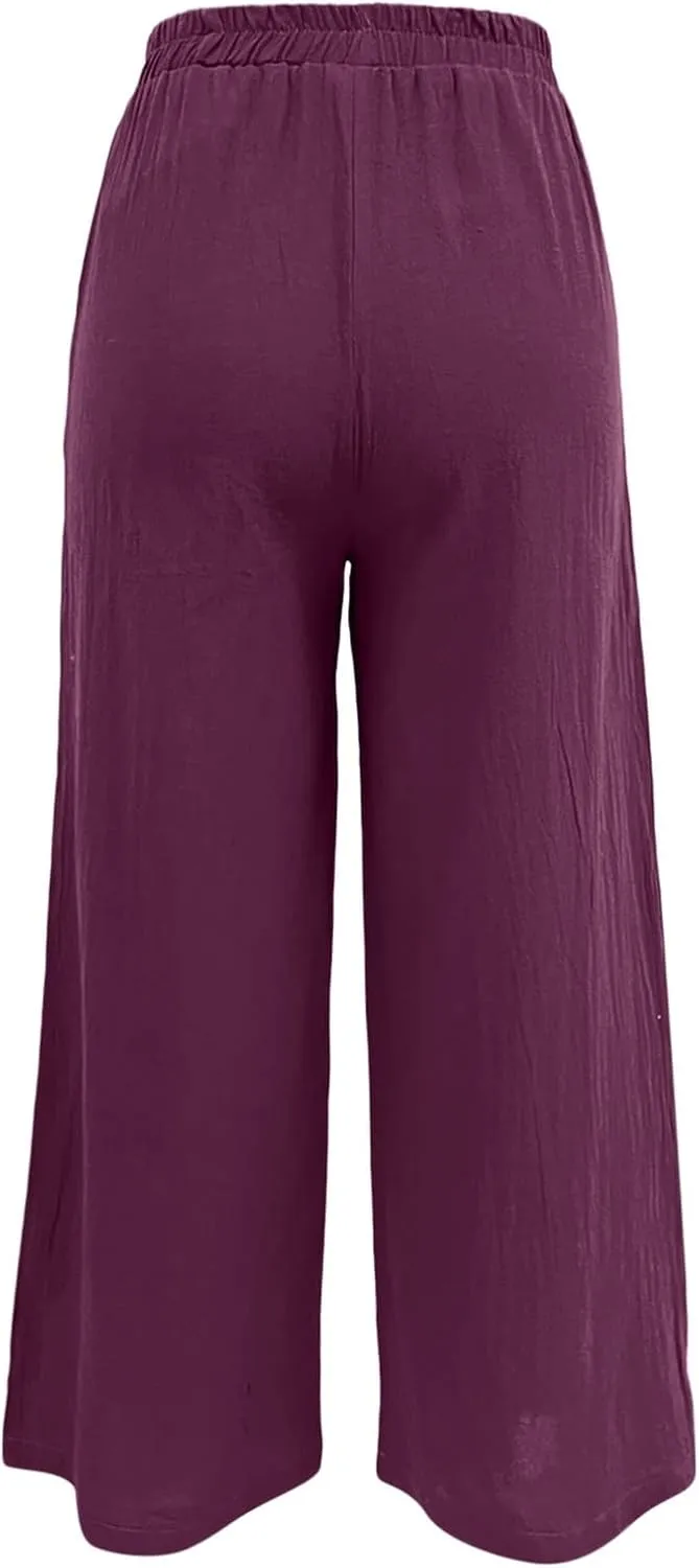 Women's Linen Summer Casual Loose Pant Trousers Elastic Waisted Straight Loose Fit Pant Trousers Work Business