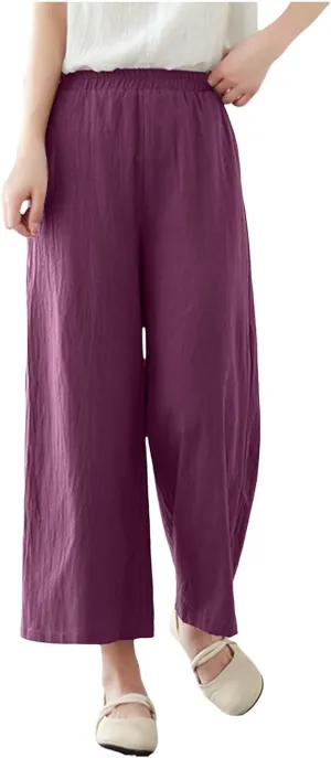 Women's Linen Summer Casual Loose Pant Trousers Elastic Waisted Straight Loose Fit Pant Trousers Work Business