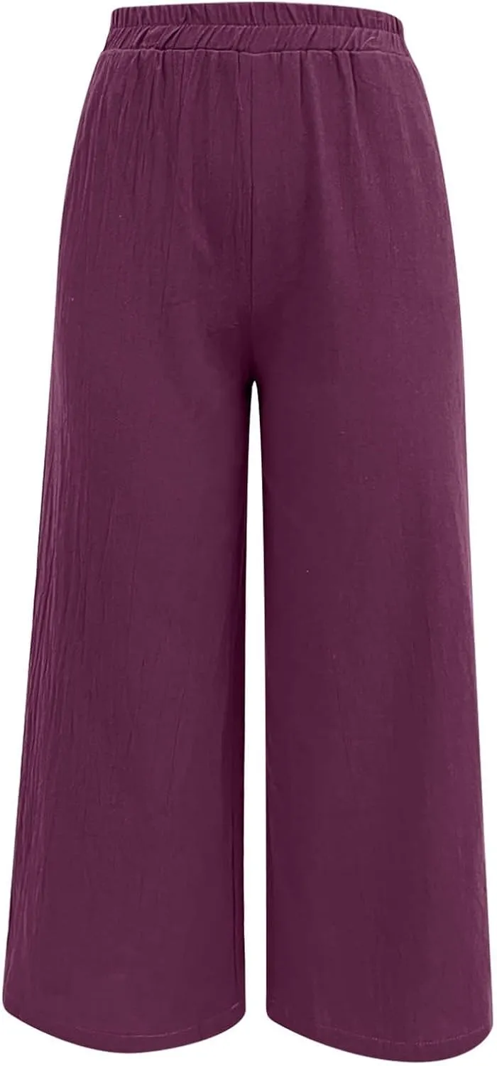 Women's Linen Summer Casual Loose Pant Trousers Elastic Waisted Straight Loose Fit Pant Trousers Work Business