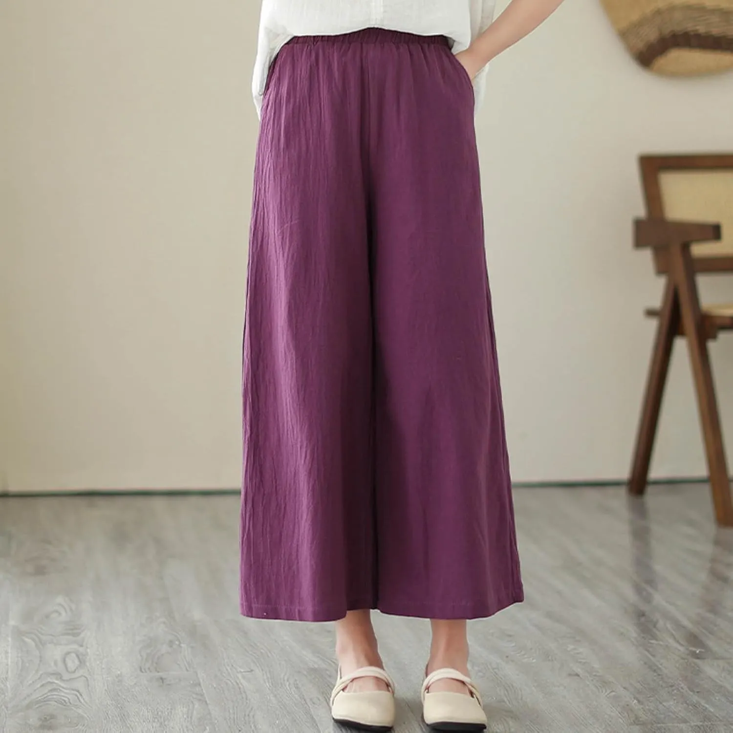 Women's Linen Summer Casual Loose Pant Trousers Elastic Waisted Straight Loose Fit Pant Trousers Work Business