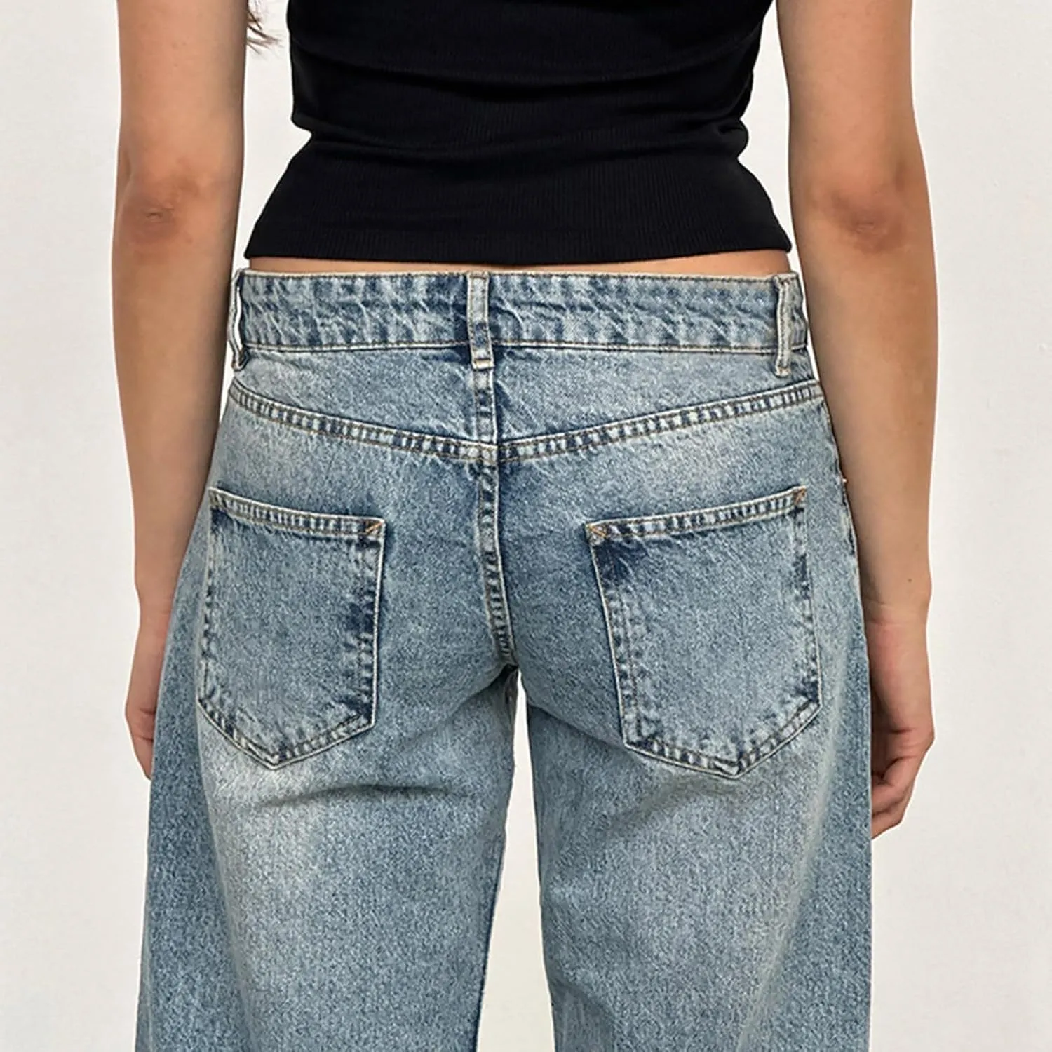 Womens Low Rise Mom Jeans Straight Leg Baggy Loose Fit Demin Pants Streetwear Classic Disco Retro Flared Denim Pants