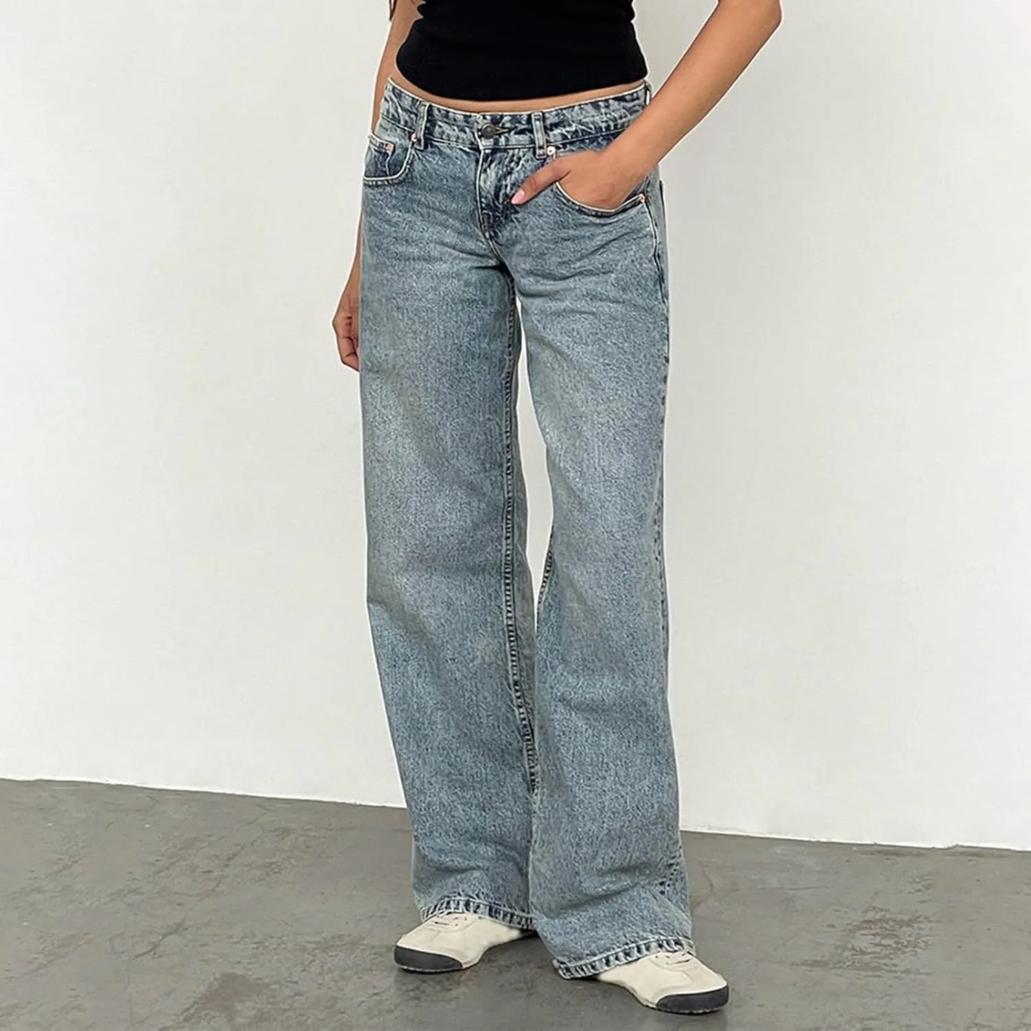 Womens Low Rise Mom Jeans Straight Leg Baggy Loose Fit Demin Pants Streetwear Classic Disco Retro Flared Denim Pants