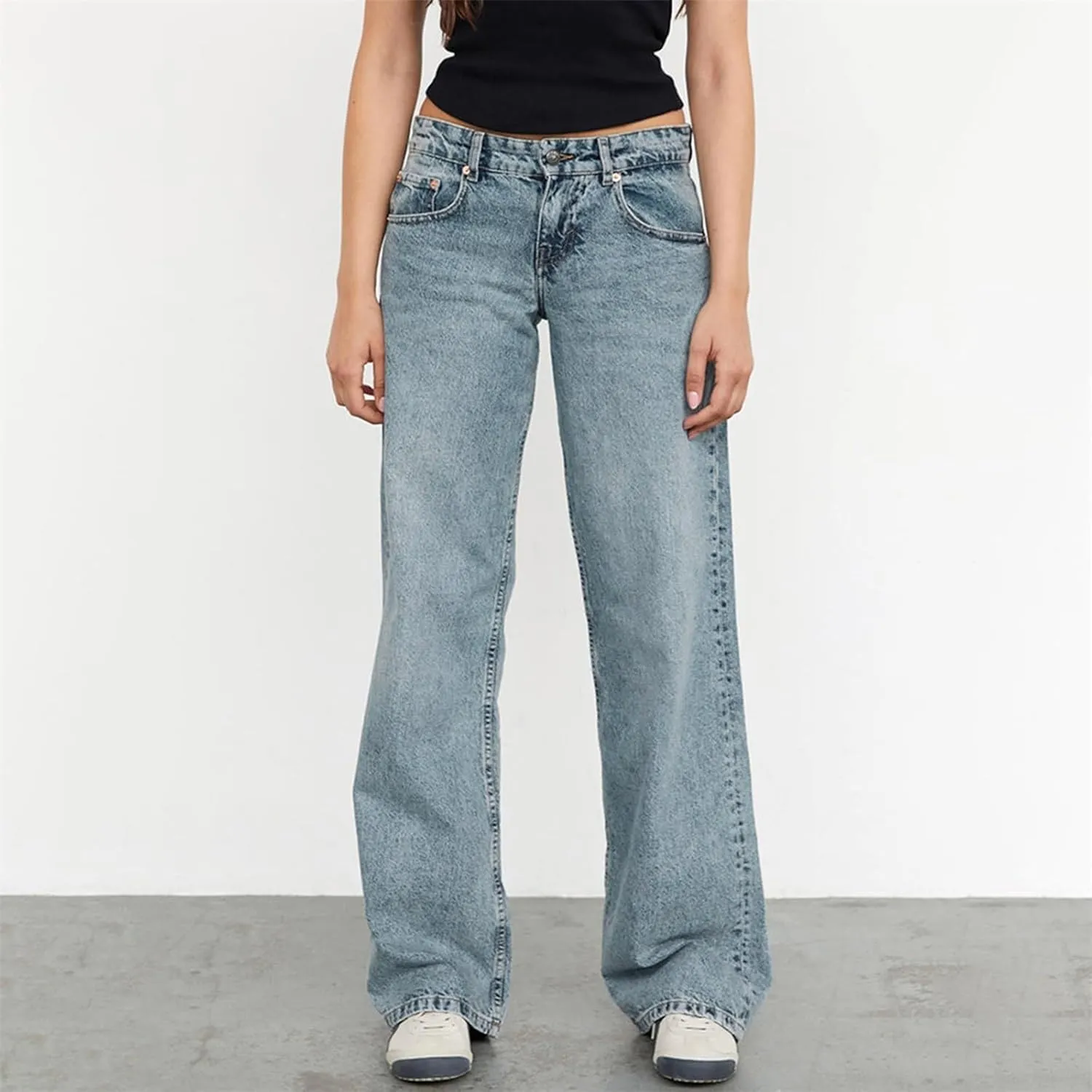 Womens Low Rise Mom Jeans Straight Leg Baggy Loose Fit Demin Pants Streetwear Classic Disco Retro Flared Denim Pants