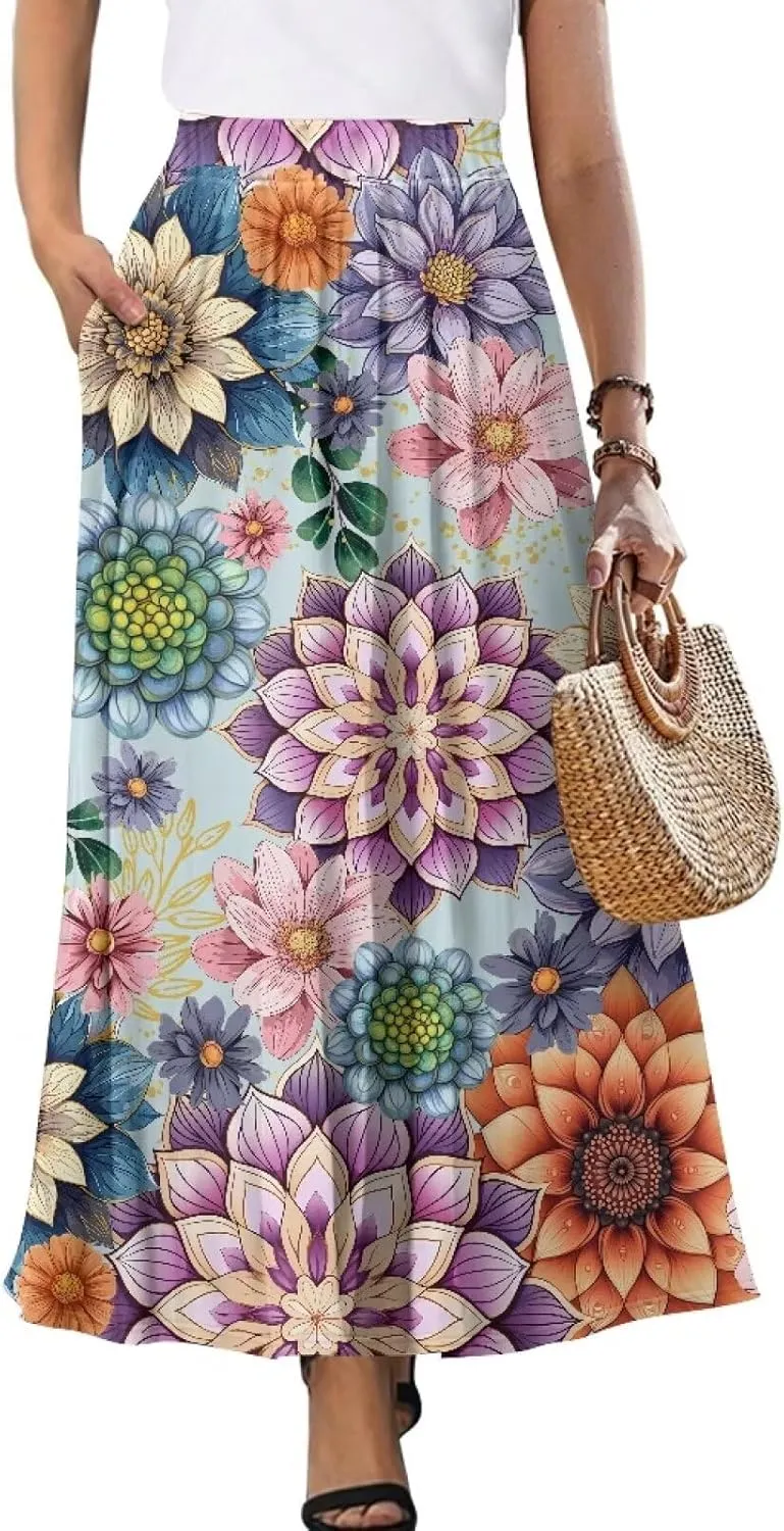Women's Maxi Skirt Summer Pleated High Waisted Casual Long Skirts with Pockets S M L XL 2XL