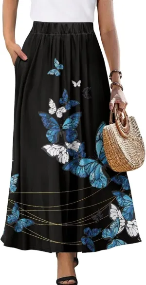 Women's Maxi Skirt Summer Pleated High Waisted Casual Long Skirts with Pockets S M L XL 2XL