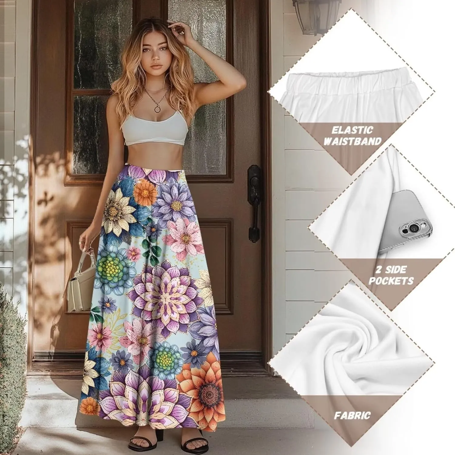 Women's Maxi Skirt Summer Pleated High Waisted Casual Long Skirts with Pockets S M L XL 2XL