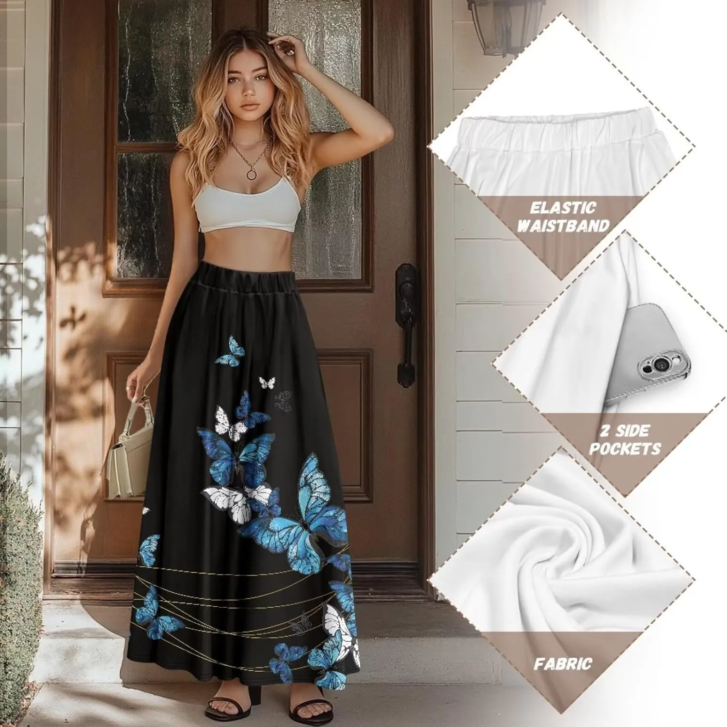 Women's Maxi Skirt Summer Pleated High Waisted Casual Long Skirts with Pockets S M L XL 2XL