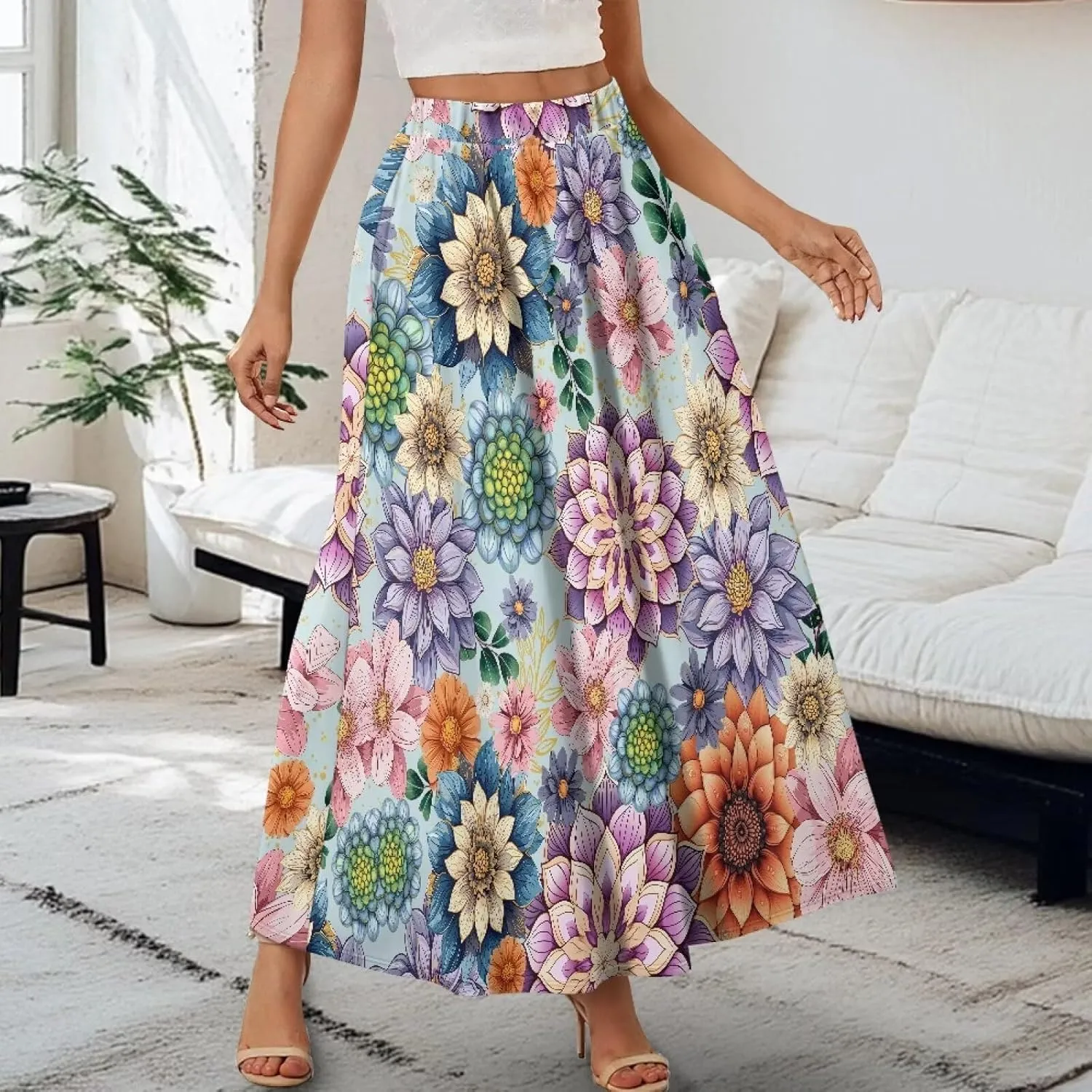 Women's Maxi Skirt Summer Pleated High Waisted Casual Long Skirts with Pockets S M L XL 2XL