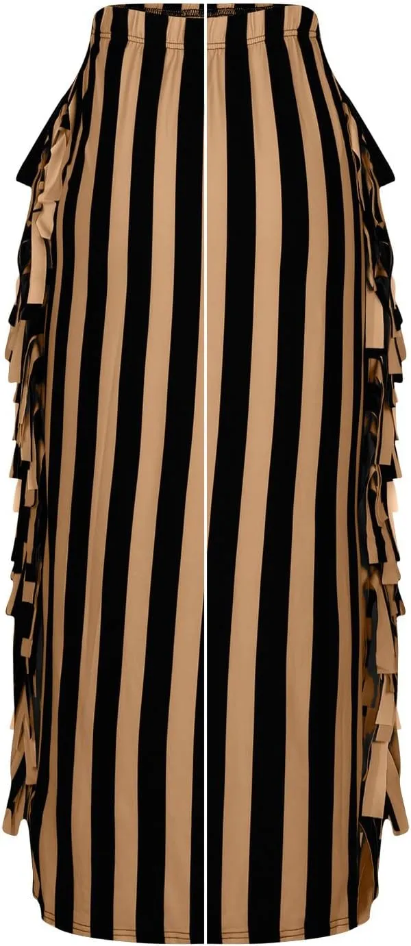 Womens Maxi Skirts Trendy Striped Color Block Side Tassels Slim Bodycon Skirts High Waist Fringe Long Pencil Skirts