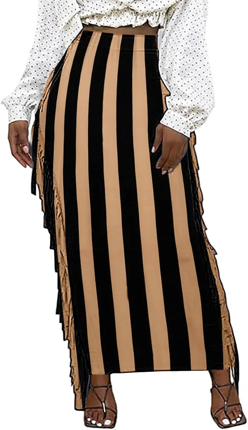 Womens Maxi Skirts Trendy Striped Color Block Side Tassels Slim Bodycon Skirts High Waist Fringe Long Pencil Skirts
