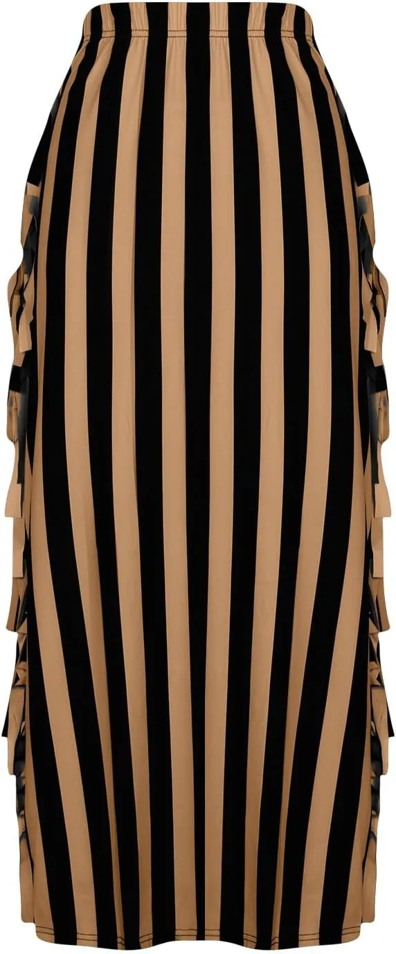 Womens Maxi Skirts Trendy Striped Color Block Side Tassels Slim Bodycon Skirts High Waist Fringe Long Pencil Skirts