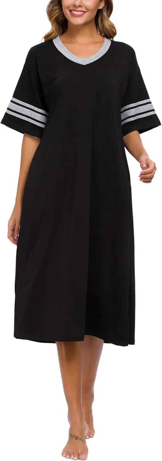 Womens Nightgown V Neck Knit Long Sleepwear Short Sleeve Soft Loungewear with Pockets S-XXL