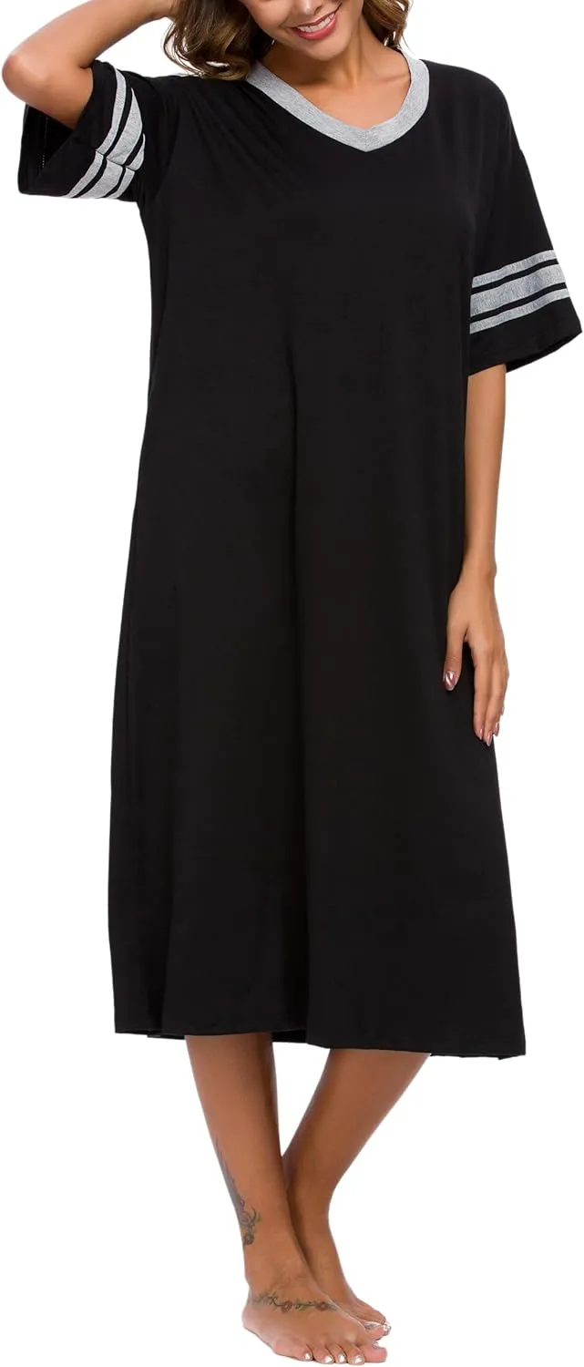 Womens Nightgown V Neck Knit Long Sleepwear Short Sleeve Soft Loungewear with Pockets S-XXL