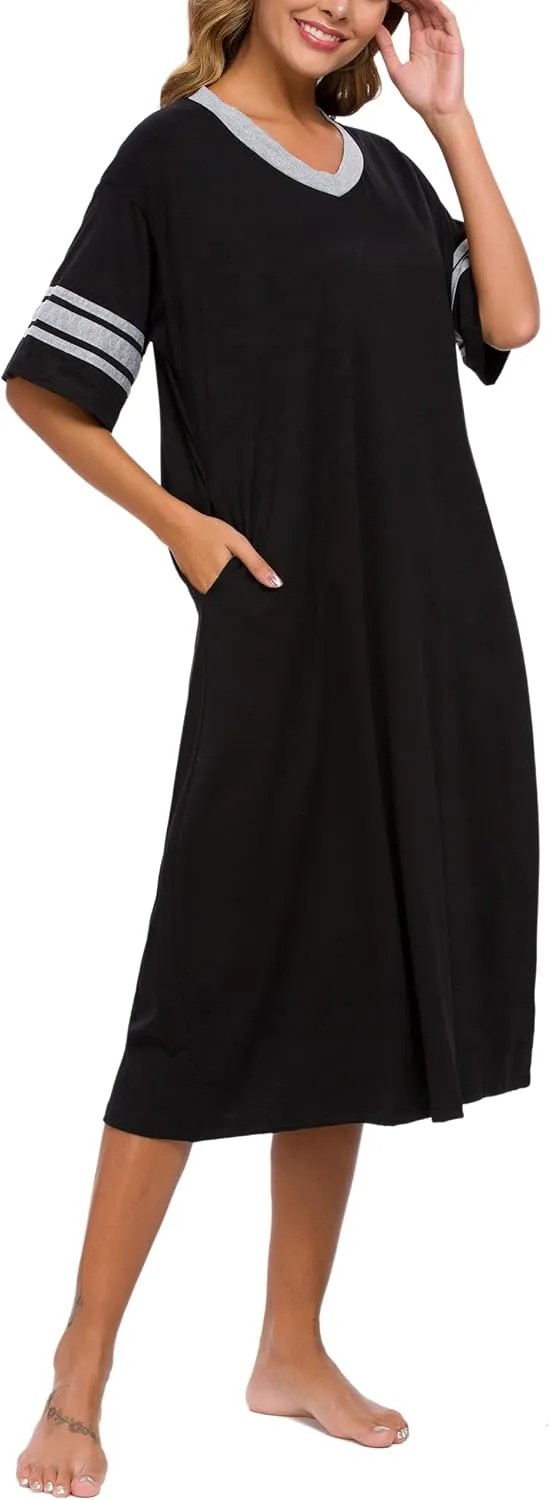 Womens Nightgown V Neck Knit Long Sleepwear Short Sleeve Soft Loungewear with Pockets S-XXL