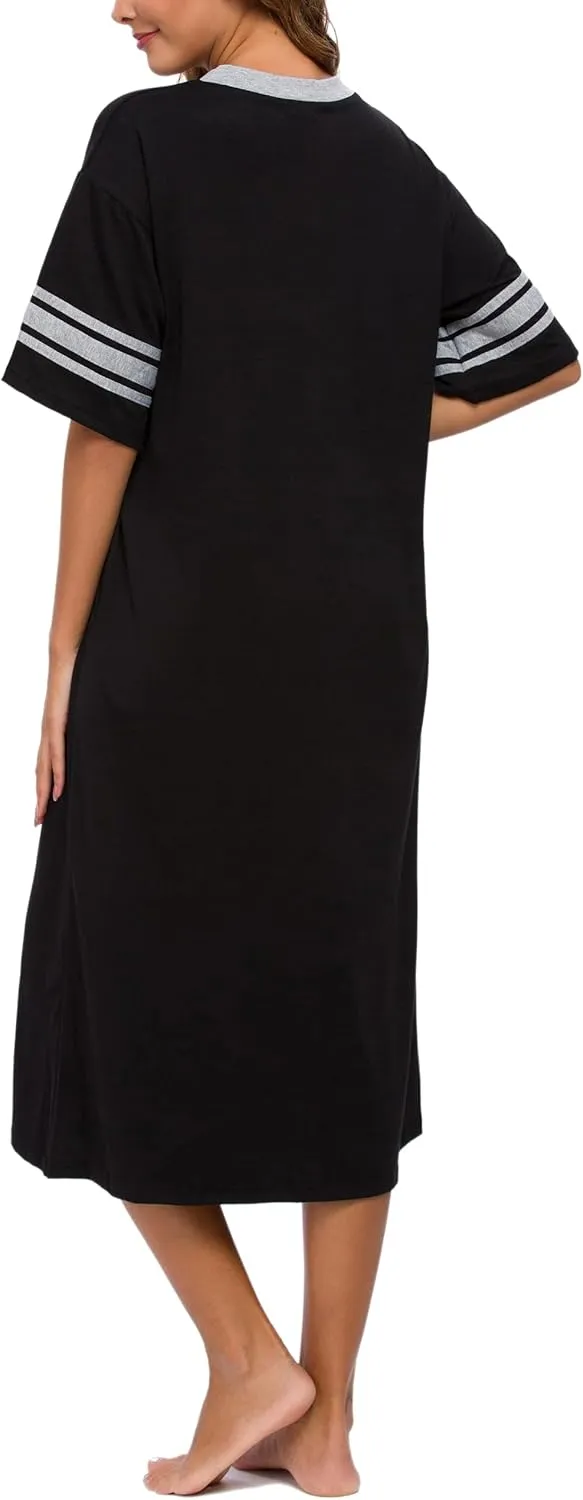 Womens Nightgown V Neck Knit Long Sleepwear Short Sleeve Soft Loungewear with Pockets S-XXL