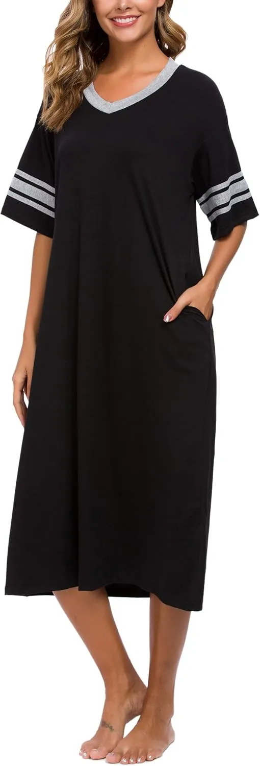 Womens Nightgown V Neck Knit Long Sleepwear Short Sleeve Soft Loungewear with Pockets S-XXL