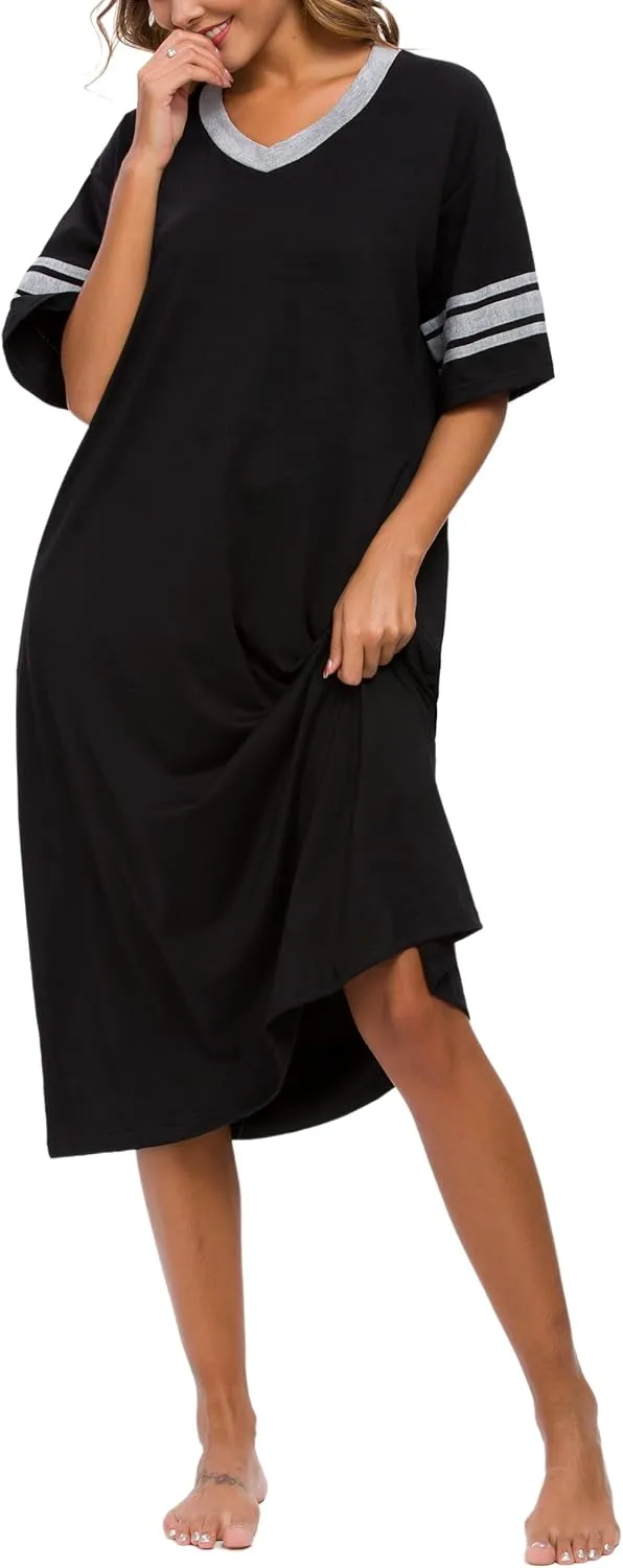 Womens Nightgown V Neck Knit Long Sleepwear Short Sleeve Soft Loungewear with Pockets S-XXL