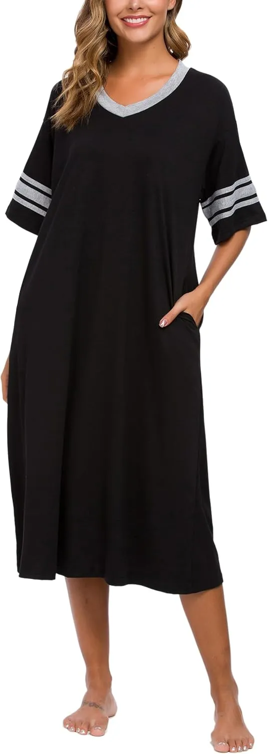 Womens Nightgown V Neck Knit Long Sleepwear Short Sleeve Soft Loungewear with Pockets S-XXL