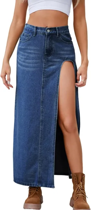 Women's Novelty Denim Skirts High Waisted Casual Slit Midi Jean Skirt Elegant Below Knee Length Jean Skirts