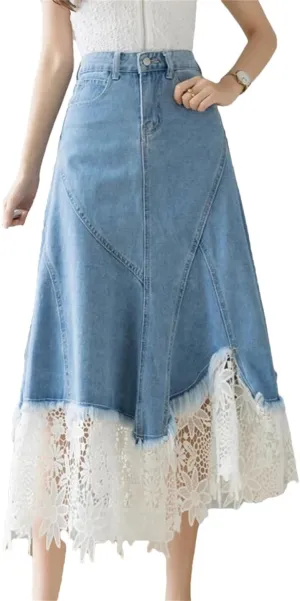 Women's Patchwork Lace Crochet Irregular Denim Skirts 4-Pocket High Waisted Button Up Jeans Skirts