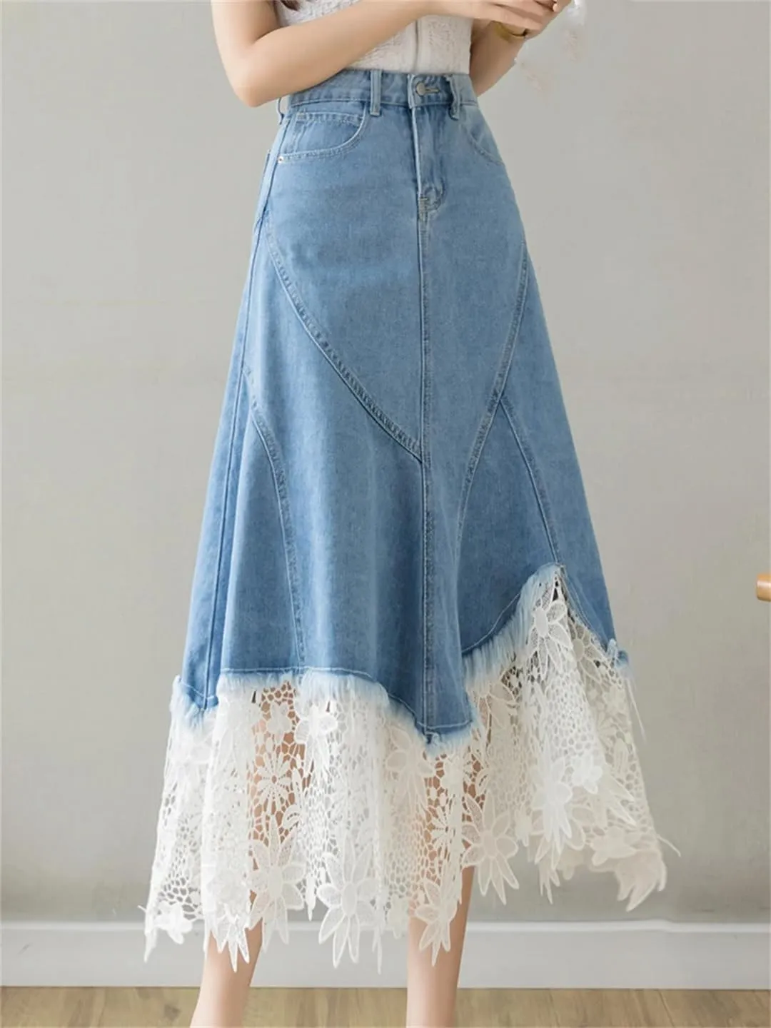 Women's Patchwork Lace Crochet Irregular Denim Skirts 4-Pocket High Waisted Button Up Jeans Skirts