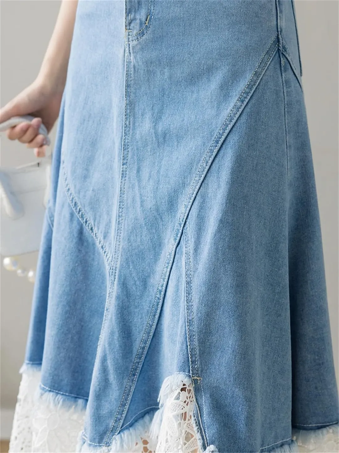 Women's Patchwork Lace Crochet Irregular Denim Skirts 4-Pocket High Waisted Button Up Jeans Skirts