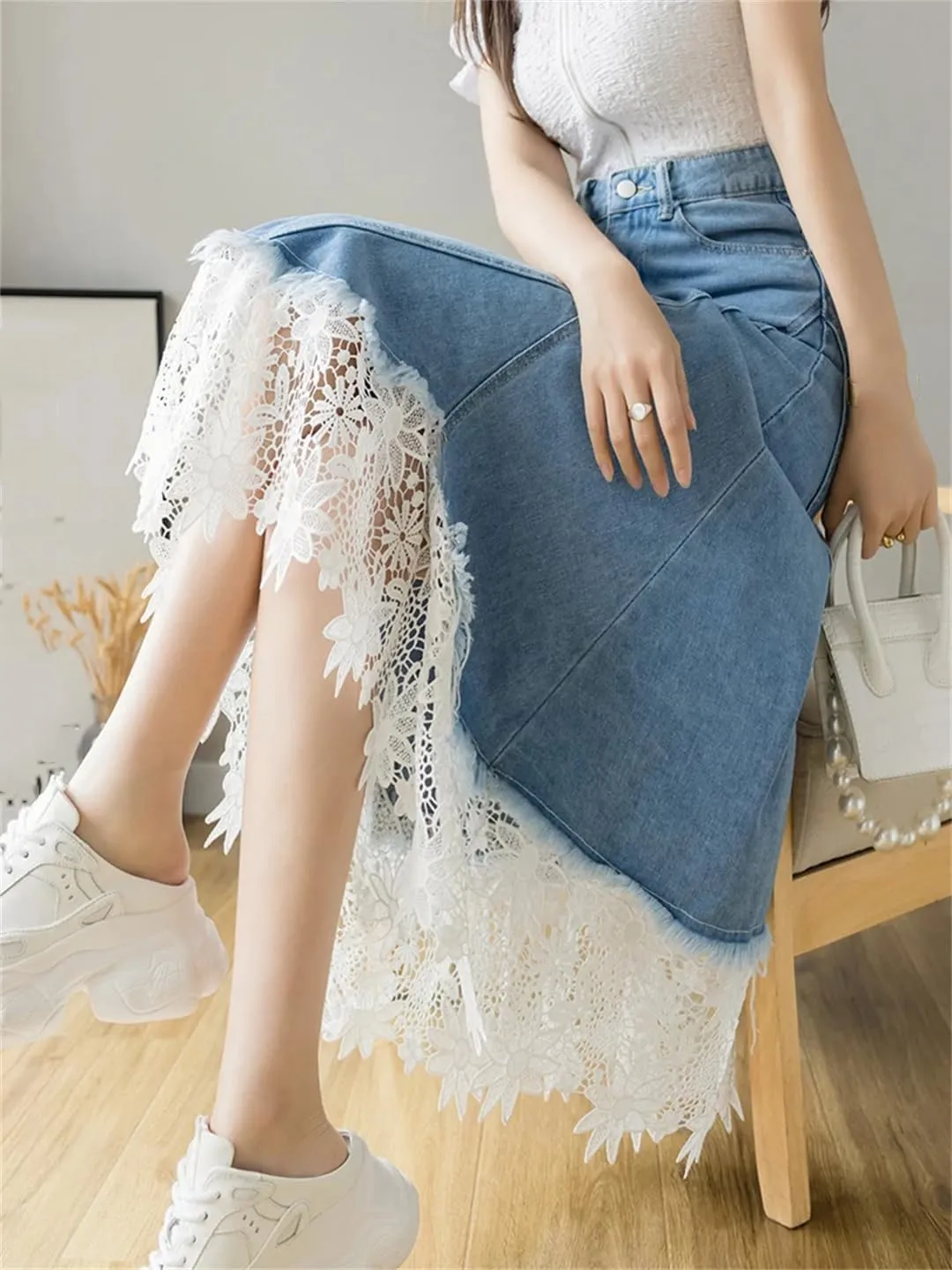 Women's Patchwork Lace Crochet Irregular Denim Skirts 4-Pocket High Waisted Button Up Jeans Skirts
