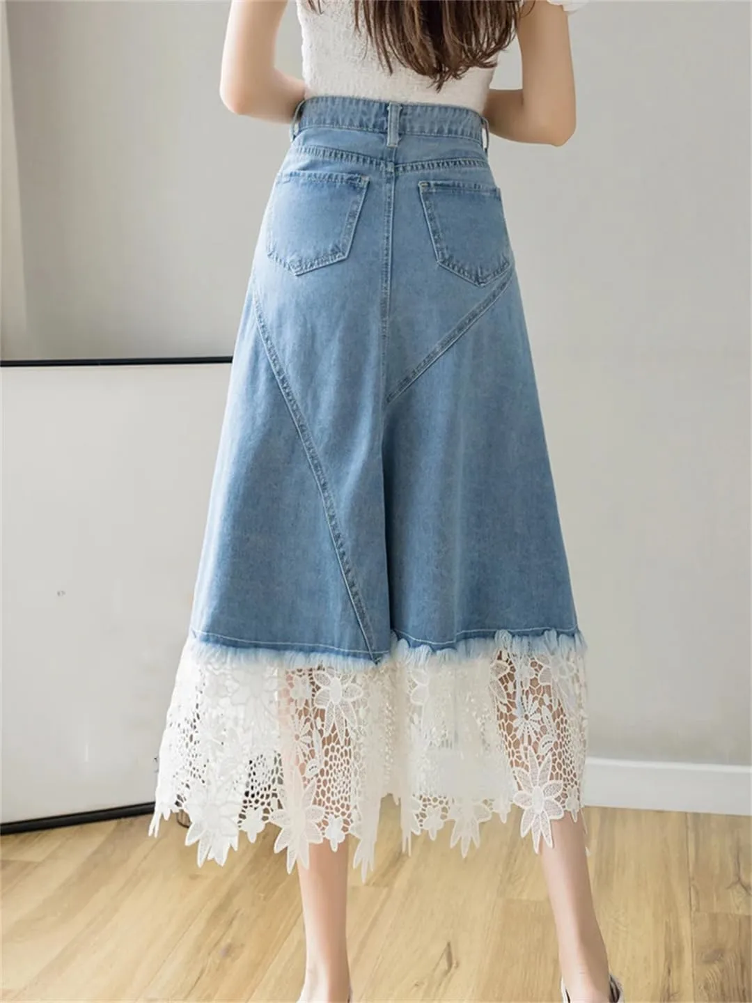 Women's Patchwork Lace Crochet Irregular Denim Skirts 4-Pocket High Waisted Button Up Jeans Skirts