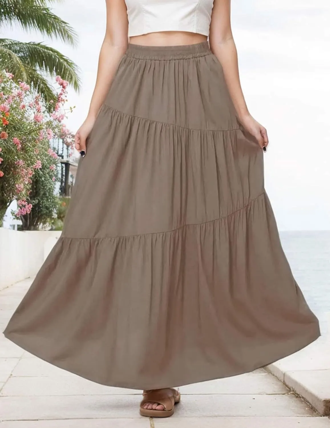 Womens Pleated A-Line Skirt Summer Elastic High Waisted Tiered Casual Long Skirts with Pockets