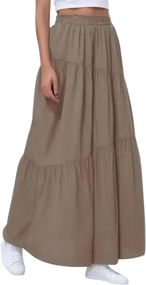 Womens Pleated A-Line Skirt Summer Elastic High Waisted Tiered Casual Long Skirts with Pockets