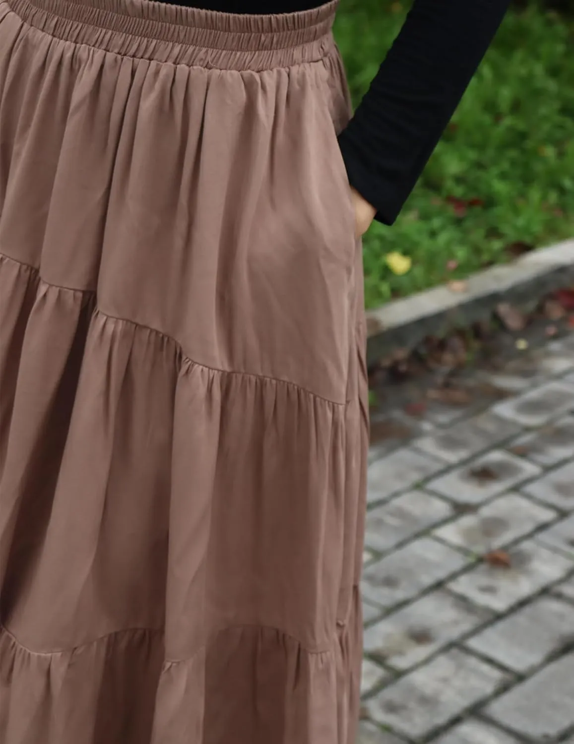 Womens Pleated A-Line Skirt Summer Elastic High Waisted Tiered Casual Long Skirts with Pockets